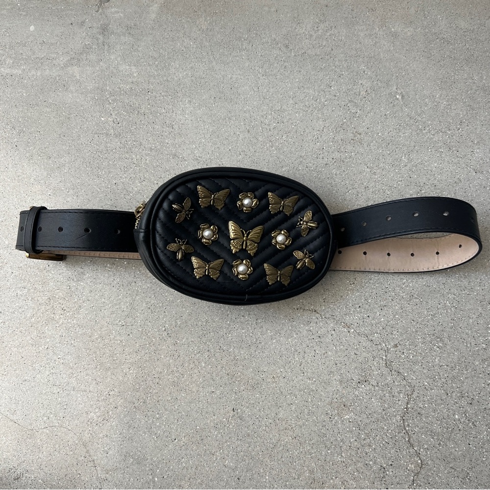 STEVEN MADDEN W-Bugged Bronze Butterfly Pearl Flowers Black Belt Bag Fanny Pack - Picture 6 of 15